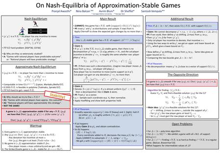 Nash Equilibrium ( p *, q * ) is a N.E. – no player has any incentive to move: PPAD hard problem [DGP’06; CD’06] Q: Why are they so extensively studied?