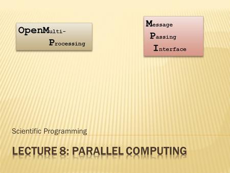 Scientific Programming OpenM ulti- P rocessing M essage P assing I nterface.