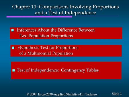 1 1 Slide © 2009 Econ-2030-Applied Statistics-Dr. Tadesse. Chapter 11: Comparisons Involving Proportions and a Test of Independence n Inferences About.