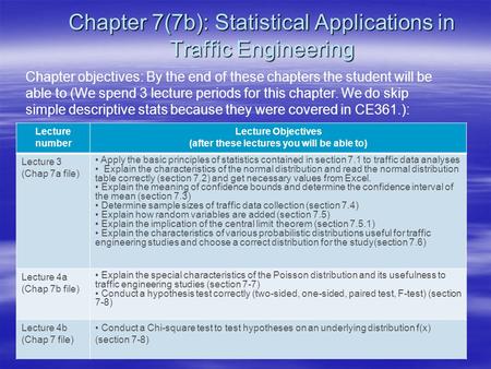 Chapter 7(7b): Statistical Applications in Traffic Engineering Chapter objectives: By the end of these chapters the student will be able to (We spend 3.