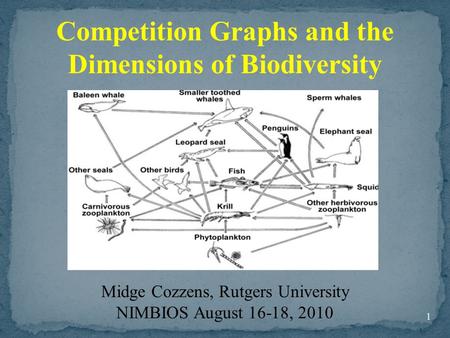 1 Competition Graphs and the Dimensions of Biodiversity Midge Cozzens, Rutgers University NIMBIOS August 16-18, 2010.
