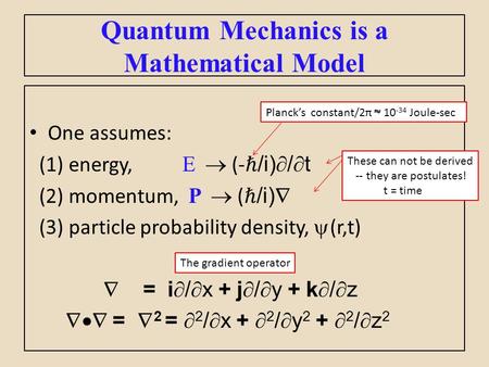 One assumes: (1) energy, E  (- ℏ /i)  /  t (2) momentum, P  ( ℏ /i)  (3) particle probability density,  (r,t)  = i  /  x + j  /  y + k  / 