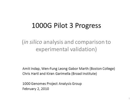 1000G Pilot 3 Progress (in silico analysis and comparison to experimental validation) Amit Indap, Wen-Fung Leong Gabor Marth (Boston College) Chris Hartl.