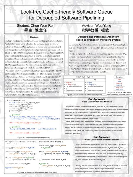 Lock-free Cache-friendly Software Queue for Decoupled Software Pipelining Student: Chen Wen-Ren Advisor: Wuu Yang 學生 : 陳韋任 指導教授 : 楊武 Abstract Multicore.