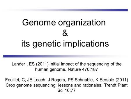 Genome organization & its genetic implications Lander, ES (2011) Initial impact of the sequencing of the human genome. Nature 470:187 Feuillet, C, JE Leach,