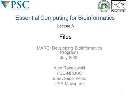 MARC: Developing Bioinformatics Programs July 2009 Alex Ropelewski PSC-NRBSC Bienvenido Vélez UPR Mayaguez 1 Essential Computing for Bioinformatics Lecture.