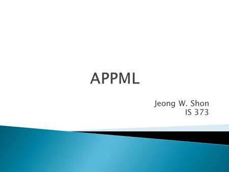 Jeong W. Shon IS 373.  AppML stands for Application Mark-up Language  Open source initiative used for describing Internet Applications  It is developing.