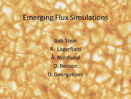 Emerging Flux Simulations Bob Stein A.Lagerfjard Å. Nordlund D. Benson D. Georgobiani 1.