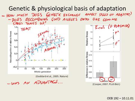 OEB 192 – 10.11.01 Genetic & physiological basis of adaptation (Goddard et al., 2005. Nature) (Cooper, 2007. PLoS Biol.)