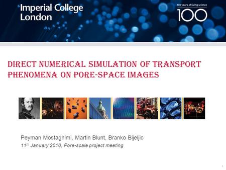 Peyman Mostaghimi, Martin Blunt, Branko Bijeljic 11 th January 2010, Pore-scale project meeting Direct Numerical Simulation of Transport Phenomena on Pore-space.