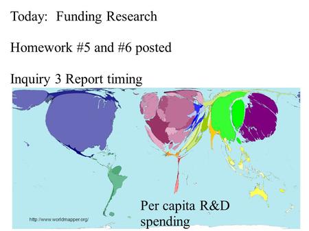 Today: Funding Research Homework #5 and #6 posted Inquiry 3 Report timing Per capita R&D spending