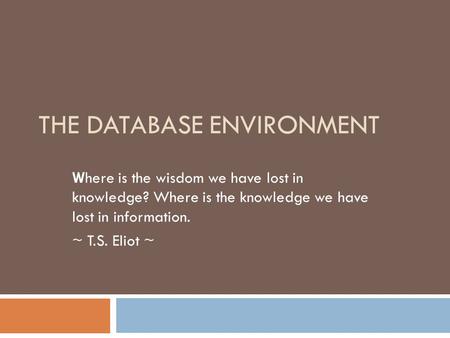 THE DATABASE ENVIRONMENT Where is the wisdom we have lost in knowledge? Where is the knowledge we have lost in information. ~ T.S. Eliot ~