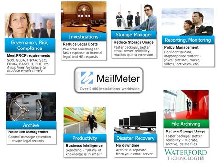 MailMeter Over 2,000 installations worldwide Meet FRCP requirements SOX, GLBA, HIPAA, SEC, FINRA, BASEL II, FOI, etc. Avoid fines for failure to produce.