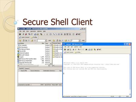 Secure Shell Client. SSH program allows you to: Access another computer over a network Execute commands on a remote machine Move files from one machine.