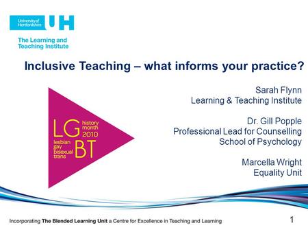 Inclusive Teaching – what informs your practice? Sarah Flynn Learning & Teaching Institute Dr. Gill Popple Professional Lead for Counselling School of.