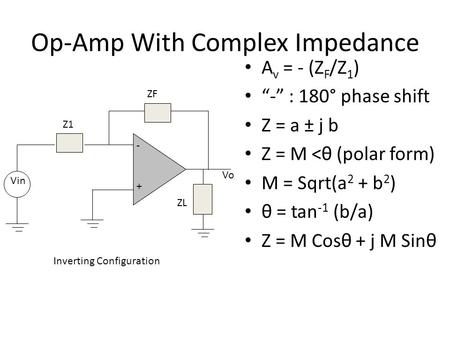 Op-Amp With Complex Impedance -+-+ Z1Z1 Vin ZLZL ZFZF VoVo A v = - (Z F /Z 1 ) “-” : 180° phase shift Z = a ± j b Z = M 