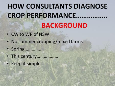 HOW CONSULTANTS DIAGNOSE CROP PERFORMANCE…………….. BACKGROUND CW to WP of NSW No summer cropping/mixed farms Spring………….. This century……………… Keep it simple.