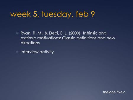 Week 5, tuesday, feb 9  Ryan, R. M., & Deci, E. L. (2000). Intrinsic and extrinsic motivations: Classic definitions and new directions  Interview activity.