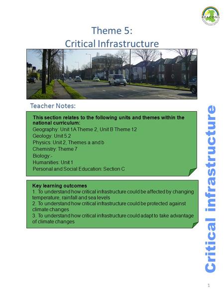 1 Theme 5: Critical Infrastructure Teacher Notes: Key learning outcomes 1. To understand how critical infrastructure could be affected by changing temperature,