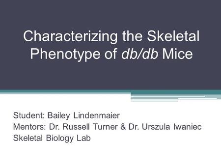 Characterizing the Skeletal Phenotype of db/db Mice Student: Bailey Lindenmaier Mentors: Dr. Russell Turner & Dr. Urszula Iwaniec Skeletal Biology Lab.