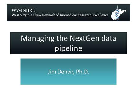 WV-INBRE West Virginia IDeA Network of Biomedical Research Excellence Managing the NextGen data pipeline Jim Denvir, Ph.D.