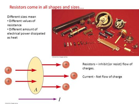Resistors come in all shapes and sizes…. Resistors – inhibit (or resist) flow of charges. Current - Net flow of charge Different sizes mean Different values.