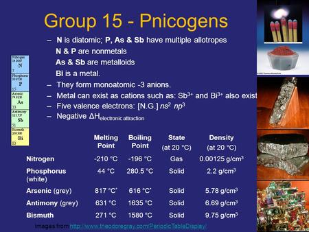 1 Group 15 - Pnicogens –N is diatomic; P, As & Sb have multiple allotropes N & P are nonmetals As & Sb are metalloids Bi is a metal. –They form monoatomic.