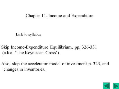 Chapter 11. Income and Expenditure Link to syllabus Skip Income-Expenditure Equilibrium, pp. 326-331 (a.k.a. ‘The Keynesian Cross’). Also, skip the accelerator.
