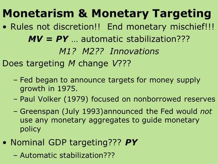 Monetarism & Monetary Targeting Rules not discretion!! End monetary mischief!!! MV = PY … automatic stabilization??? M1? M2?? Innovations Does targeting.