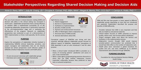 INTRODUCTION The use of and interest in shared decision making (SDM) and decision aids (DAs) in the clinical setting has increased in recent years. Stakeholder.