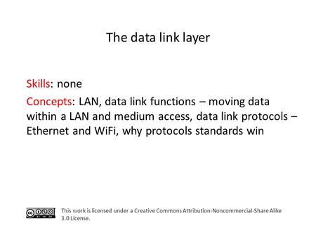 Skills: none Concepts: LAN, data link functions – moving data within a LAN and medium access, data link protocols – Ethernet and WiFi, why protocols standards.