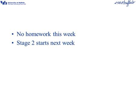 No homework this week Stage 2 starts next week. Code review Team with N members is assigned N submissions to review Discuss submissions within team Everyone.