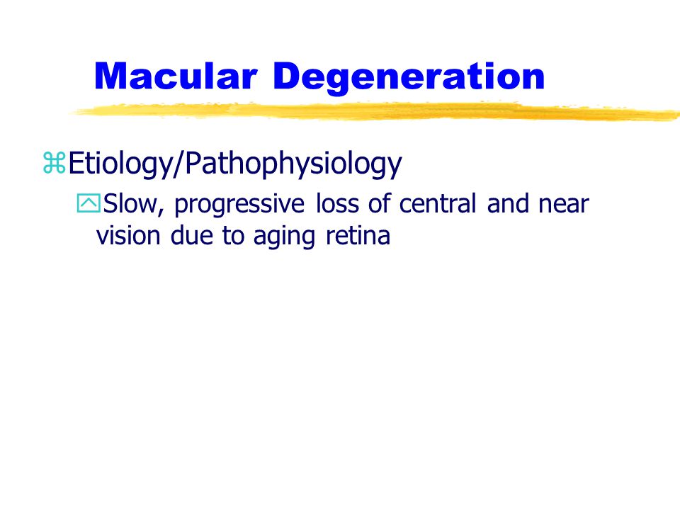 Slow, progressive loss of central and near vision due to aging retina.