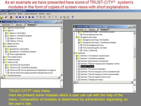 TRUST-CITY ® User menu Here we present some modules which a user can call with the help of the menu. Composition of modules is determined by administrator.