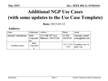 Doc.: IEEE 802.11-15/0634r0 Submission May 2015 Ganesh Venkatesan (Intel Corporation)Slide 1 Additional NGP Use Cases (with some updates to the Use Case.