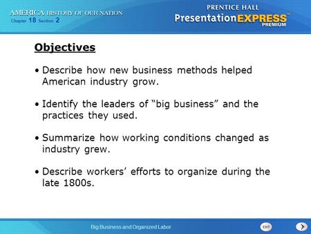 Objectives Describe how new business methods helped American industry grow. Identify the leaders of “big business” and the practices they used. Summarize.