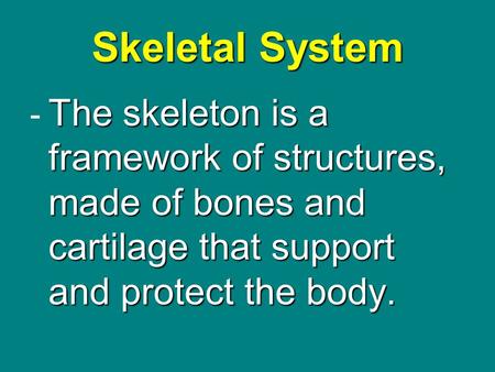 Skeletal System The skeleton is a framework of structures, made of bones and cartilage that support and protect the body. - The skeleton is a framework.