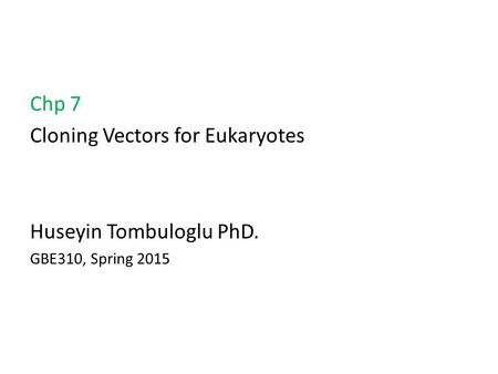Chp 7 Cloning Vectors for Eukaryotes Huseyin Tombuloglu PhD. GBE310, Spring 2015.