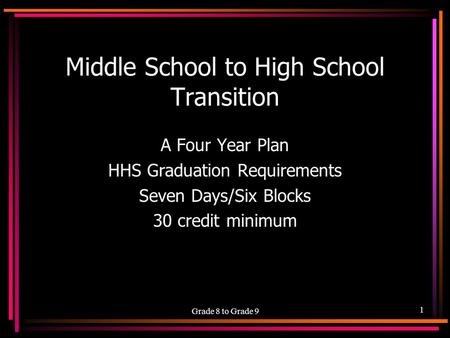 Grade 8 to Grade 9 1 Middle School to High School Transition A Four Year Plan HHS Graduation Requirements Seven Days/Six Blocks 30 credit minimum.