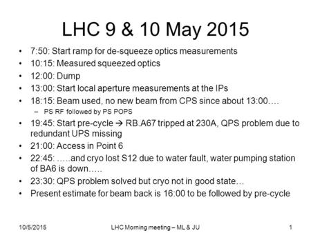 LHC 9 & 10 May 2015 7:50: Start ramp for de-squeeze optics measurements 10:15: Measured squeezed optics 12:00: Dump 13:00: Start local aperture measurements.