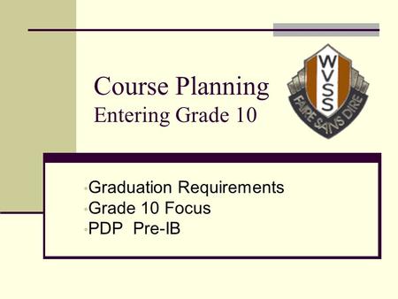 Course Planning Entering Grade 10 Graduation Requirements Grade 10 Focus PDP Pre-IB.