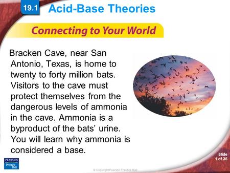 © Copyright Pearson Prentice Hall Slide 1 of 35 Acid-Base Theories Bracken Cave, near San Antonio, Texas, is home to twenty to forty million bats. Visitors.