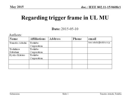 Submission doc.: IEEE 802.11-15/0608r1 May 2015 Tomoko Adachi, ToshibaSlide 1 Regarding trigger frame in UL MU Date: 2015-05-10 Authors: