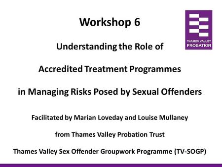 Workshop 6 Understanding the Role of Accredited Treatment Programmes in Managing Risks Posed by Sexual Offenders Facilitated by Marian Loveday and Louise.
