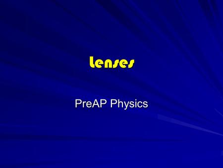 Lenses PreAP Physics. Critical Angle At a certain angle where no ray will emerge into the less dense medium. –For water it is 48  which does not allow.