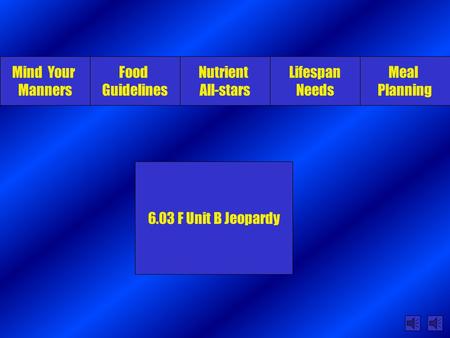 Mind Your Manners Food Guidelines Nutrient All-stars Lifespan Needs Meal Planning 6.03 F Unit B Jeopardy.
