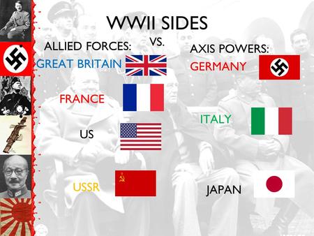 WWII SIDES VS. ALLIED FORCES: GREAT BRITAIN FRANCE US USSR AXIS POWERS: GERMANY ITALY JAPAN.