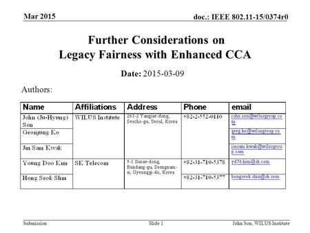 Submission doc.: IEEE 802.11-15/0374r0 Mar 2015 John Son, WILUS InstituteSlide 1 Further Considerations on Legacy Fairness with Enhanced CCA Date: 2015-03-09.