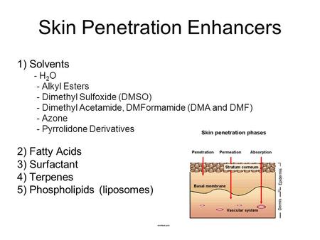 Skin Penetration Enhancers 1) Solvents - H 2 O - Alkyl Esters - Dimethyl Sulfoxide (DMSO) - Dimethyl Acetamide, DMFormamide (DMA and DMF) - Azone - Pyrrolidone.