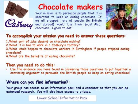 Chocolate makers Your mission is to persuade people that it is important to keep on eating chocolate. If we all stopped, lots of people (in Britain and.